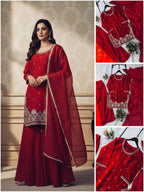 Red Sequence Embroidery Worked Top, Plazzo and Dupatta
