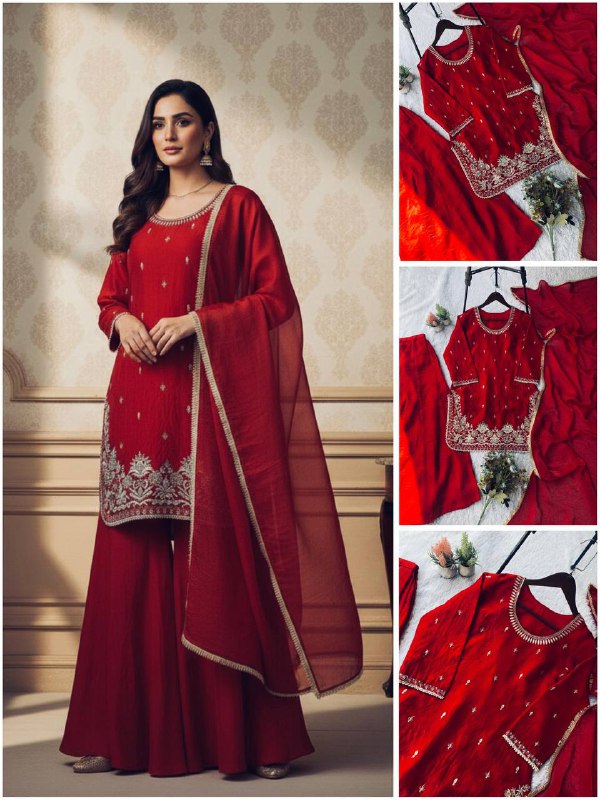 Red Sequence Embroidery Worked Top, Plazzo and Dupatta