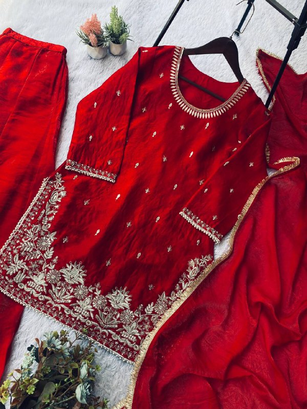 Red Sequence Embroidery Worked Top, Plazzo and Dupatta