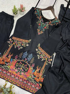 Black Printed Top, Salwaar with Dupatta in Roman Fabric
