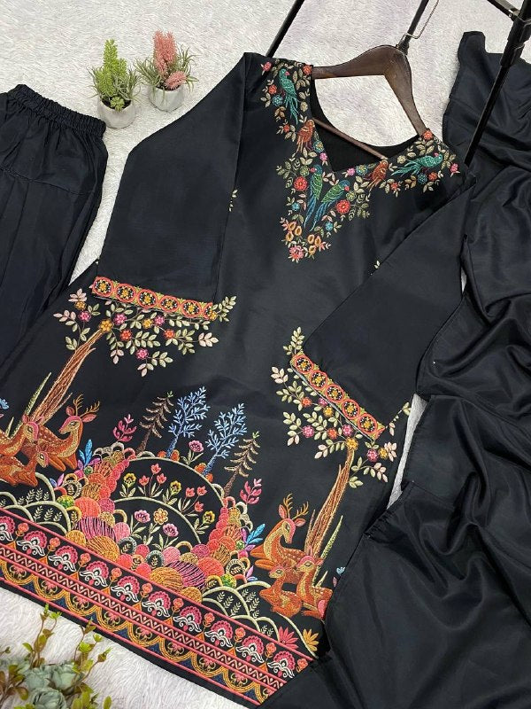 Black Printed Top, Salwaar with Dupatta in Roman Fabric