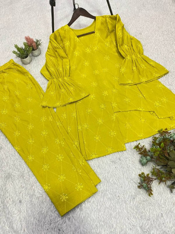 Mustard Yellow Embroidered Cotton Co-ord Set | Women's Trendy 2-Piece Top - Pant Set