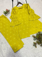 Mustard Yellow Embroidered Cotton Co-ord Set | Women's Trendy 2-Piece Top - Pant Set