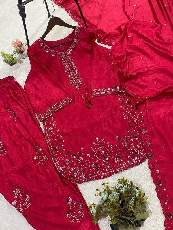 Pink Three Piece Outfit with Sequence Embroidered Top, Farsi Salwaar and Dupatta
