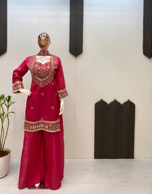 Magenta Pink 4 Piece Plazzo Pair with Real Mirror and Embroidery Work