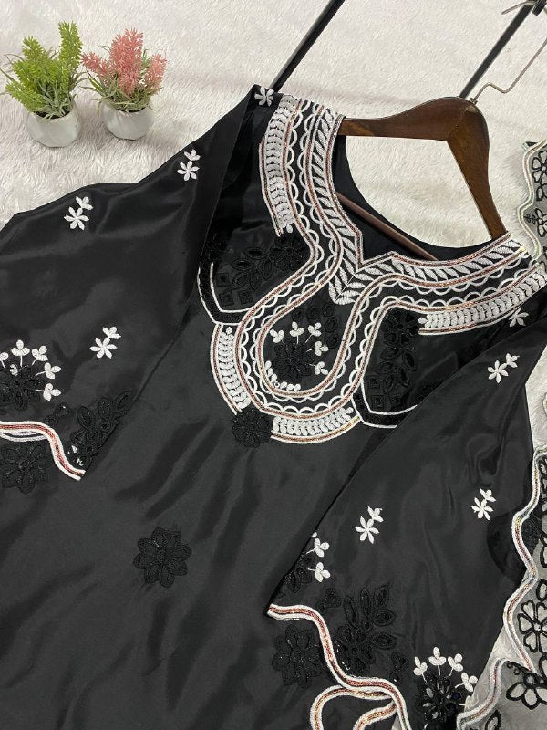 Black Sequence Embroidered Cutwork Top, Plazzo and Dupatta — Hania Amir Inspired