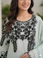 Sage Green Sequence Embroidery Worked Top, Pant with Dupatta