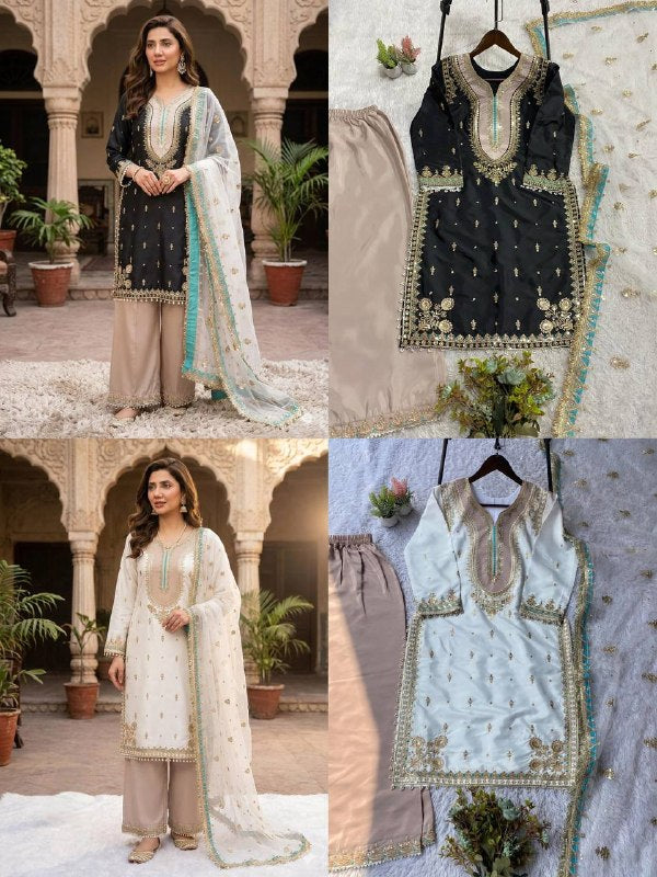 White Sequence Embroidery Worked Top, Plazzo and Dupatta — Mahira Khan Inspired