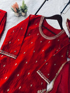 Red Sequence Embroidery Worked Top, Plazzo and Dupatta