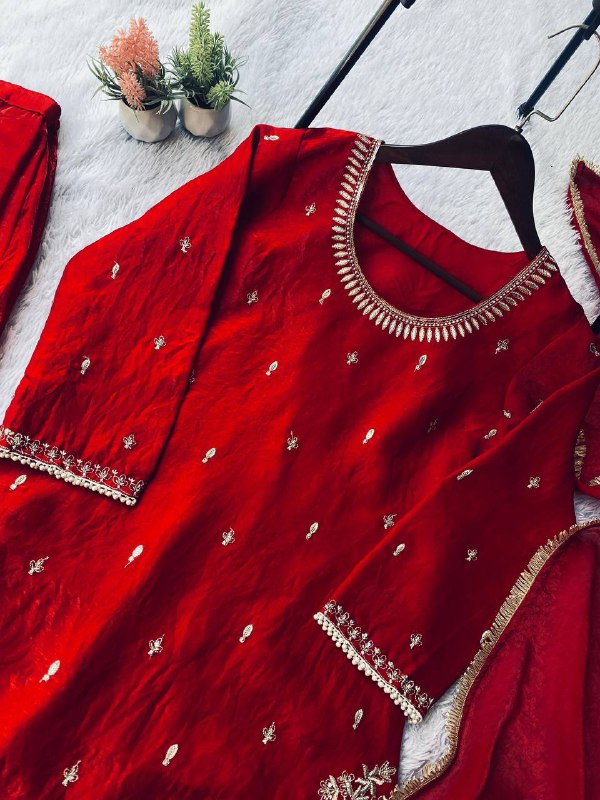 Red Sequence Embroidery Worked Top, Plazzo and Dupatta