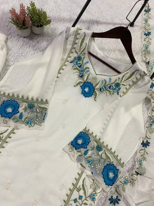 White Embroidered Top, Plazzo with Dupatta