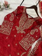 Red Cording with Sequence Embroidery Worked Top, Plazzo with Dupatta