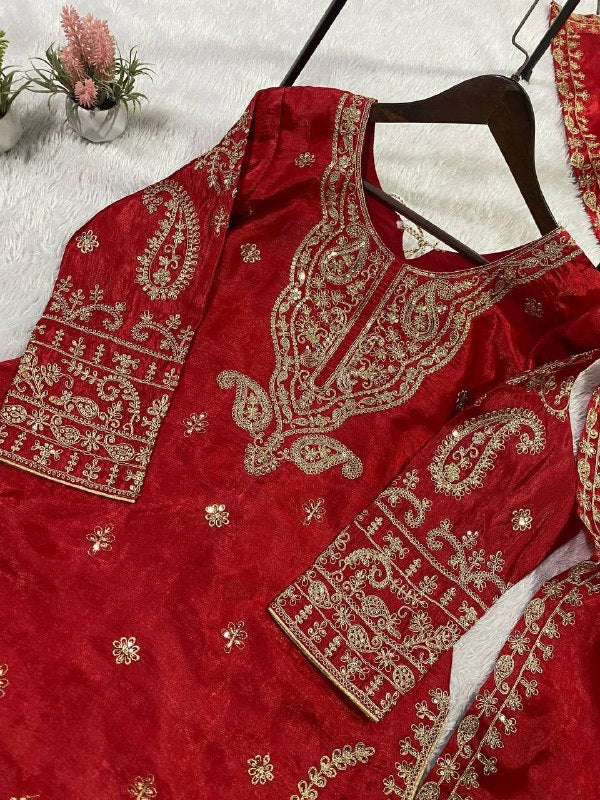 Red Cording with Sequence Embroidery Worked Top, Plazzo with Dupatta
