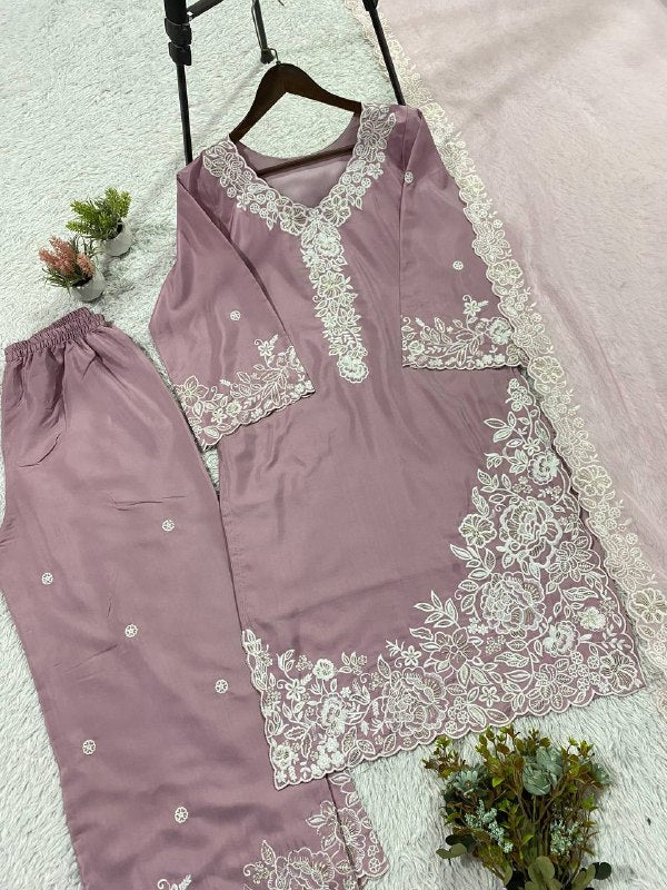 Mauve Sequence Embroidery Worked Top, Plazzo with Dupatta