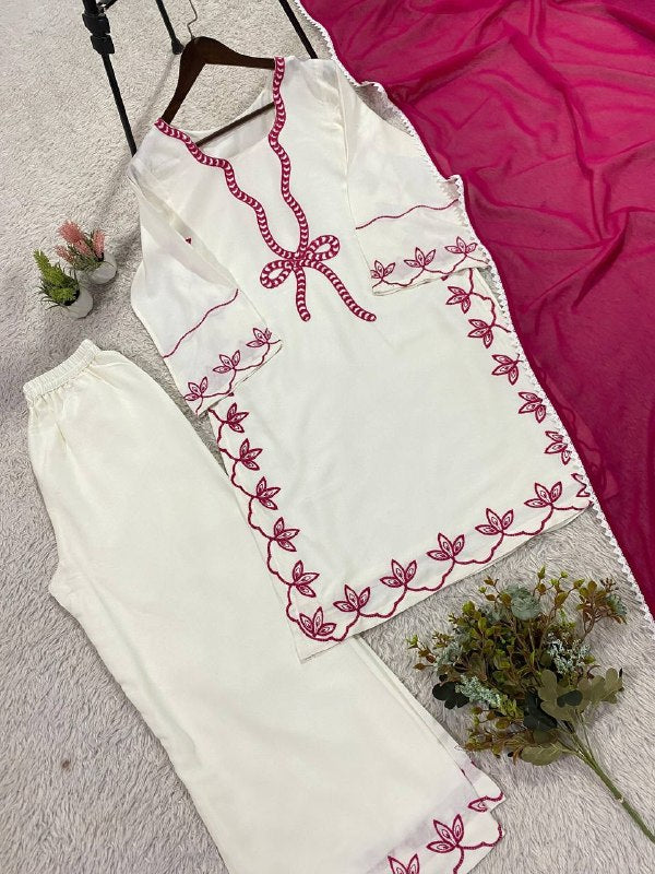 Ivory Embroidered Top, Plazzo and Dupatta — Hania Amir Inspired Pakistani Suit