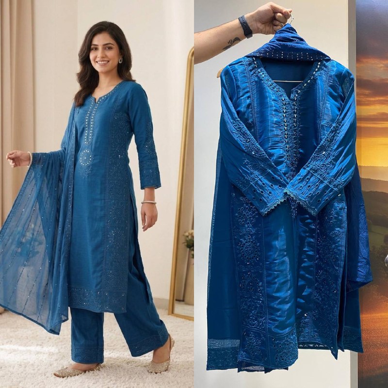 Peacock Blue Hand Mirror & Sequence Embroidered Top, Plazzo with Dupatta