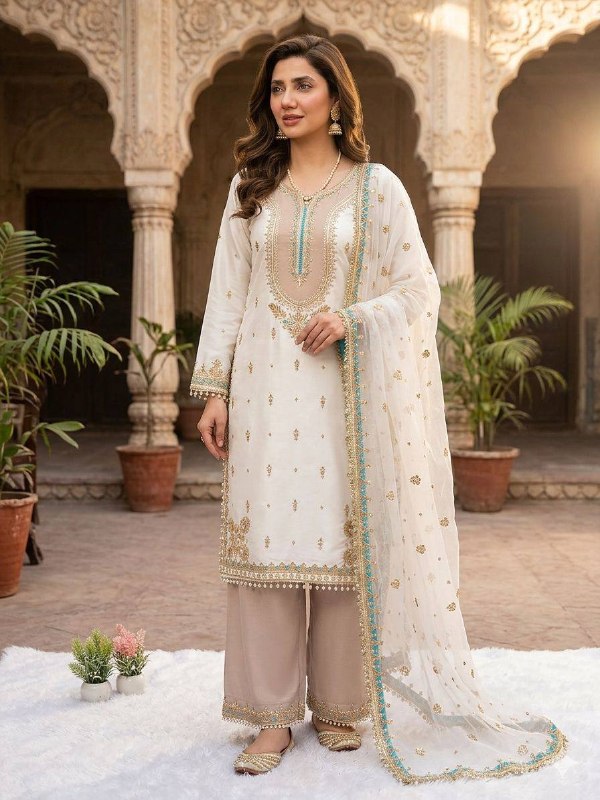 White Sequence Embroidery Worked Top, Plazzo and Dupatta — Mahira Khan Inspired