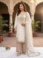 White Sequence Embroidery Worked Top, Plazzo and Dupatta — Mahira Khan Inspired