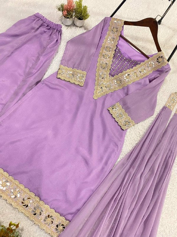 Lavender 4 Piece Cording with Real Mirror Embroidered Blouse-Top, Plazzo with Dupatta