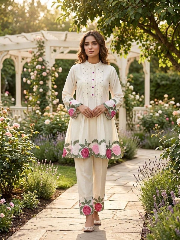 Ivory Trendy Co-ord Set with Floral Embroidery Work