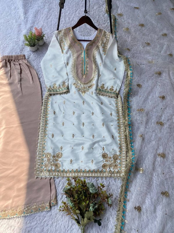 White Sequence Embroidery Worked Top, Plazzo and Dupatta — Mahira Khan Inspired