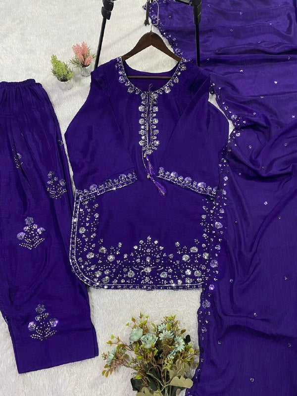 Purple Three Piece Outfit with Sequence Embroidered Top, Farsi Salwaar and Dupatta